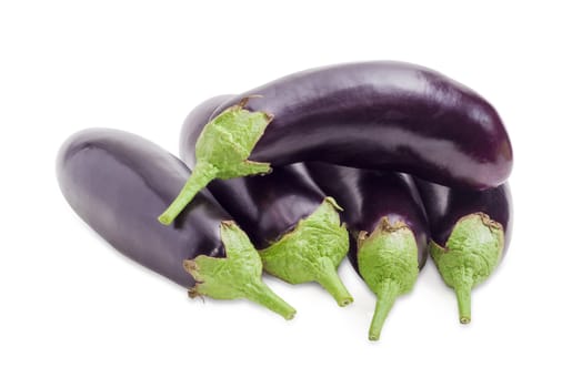 Pile of the fresh purple eggplants on a white background
