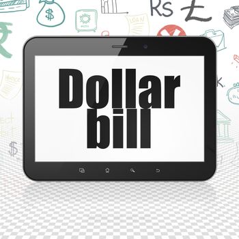 Money concept: Tablet Computer with  black text Dollar Bill on display,  Hand Drawn Finance Icons background, 3D rendering