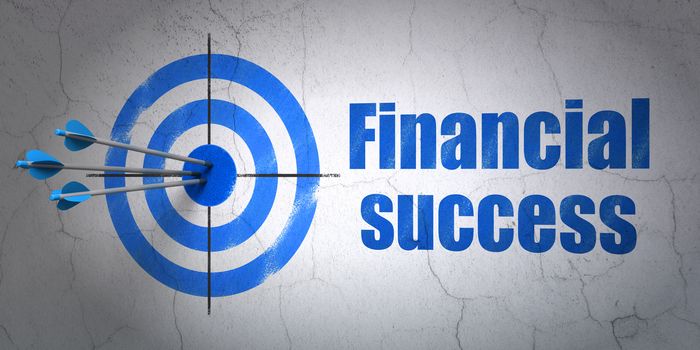 Success money concept: arrows hitting the center of target, Blue Financial Success on wall background, 3D rendering