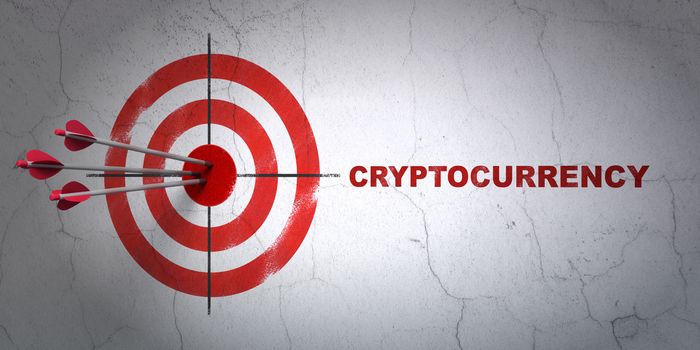 Success money concept: arrows hitting the center of target, Red Cryptocurrency on wall background, 3D rendering