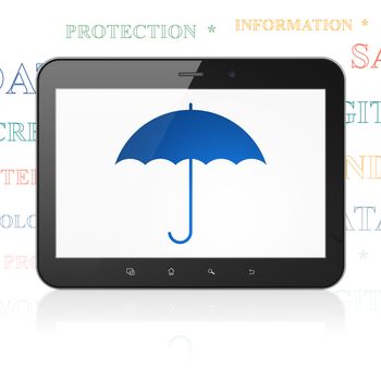 Protection concept: Tablet Computer with  blue Umbrella icon on display,  Tag Cloud background, 3D rendering