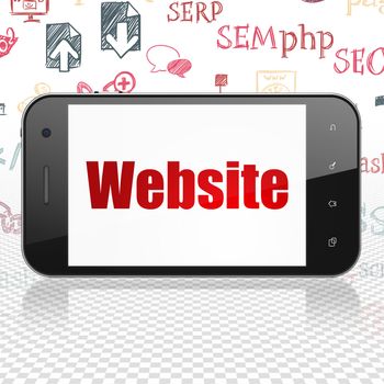 Web development concept: Smartphone with  red text Website on display,  Hand Drawn Site Development Icons background, 3D rendering