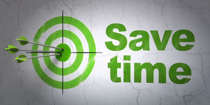 Success time concept: arrows hitting the center of target, Green Save Time on wall background, 3D rendering