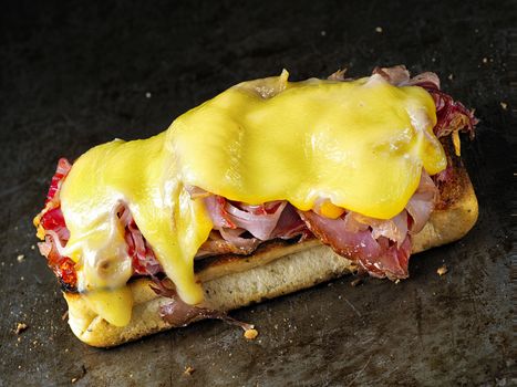 close up of rustic french sandwich croque monsieur