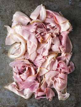 close up of rustic shaved ham