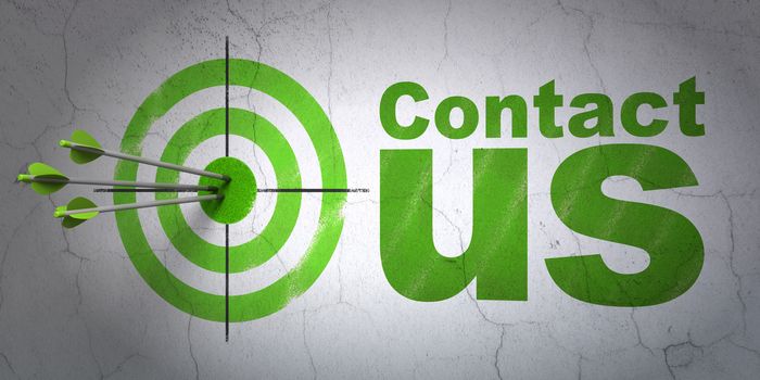 Success marketing concept: arrows hitting the center of target, Green Contact Us on wall background, 3D rendering