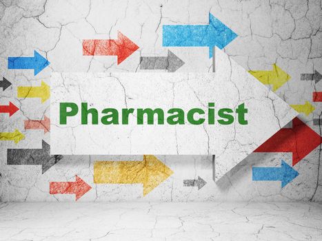 Healthcare concept:  arrow with Pharmacist on grunge textured concrete wall background, 3D rendering