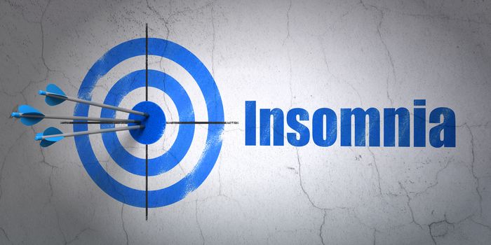 Success Health concept: arrows hitting the center of target, Blue Insomnia on wall background, 3D rendering