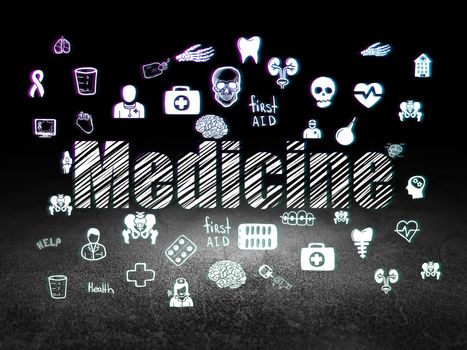 Health concept: Glowing text Medicine,  Hand Drawn Medicine Icons in grunge dark room with Dirty Floor, black background