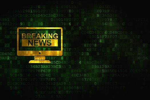 News concept: pixelated Breaking News On Screen icon on digital background, empty copyspace for card, text, advertising