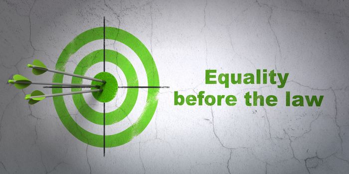 Success political concept: arrows hitting the center of target, Green Equality Before The Law on wall background, 3D rendering