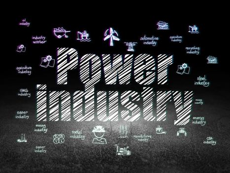 Industry concept: Glowing text Power Industry,  Hand Drawn Industry Icons in grunge dark room with Dirty Floor, black background