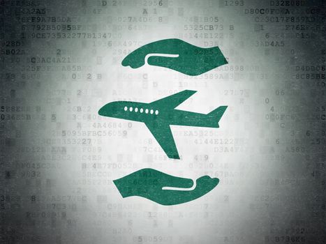 Insurance concept: Painted green Airplane And Palm icon on Digital Data Paper background