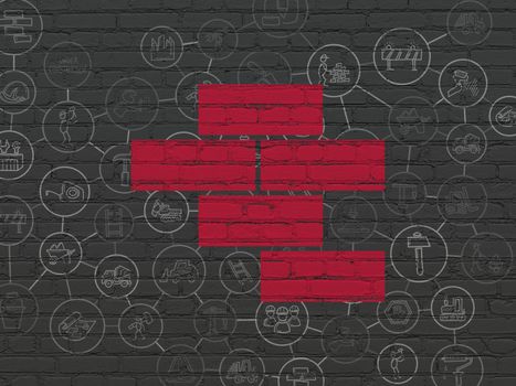 Constructing concept: Painted red Bricks icon on Black Brick wall background with Scheme Of Hand Drawn Construction Icons