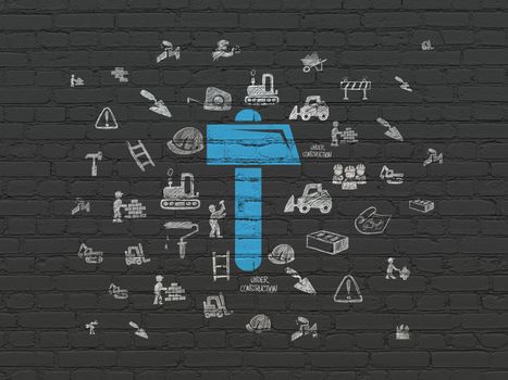 Building construction concept: Painted blue Hammer icon on Black Brick wall background with  Hand Drawn Building Icons