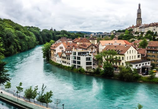 Panorama view of Berne old town from mountain top in rose garden, rosengarten, Berne Canton, Capital of Switzerland, Europe.