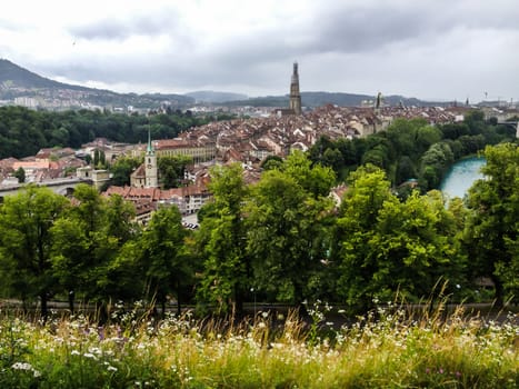 Panorama view of Berne old town from mountain top in rose garden, rosengarten, Berne Canton, Capital of Switzerland, Europe.