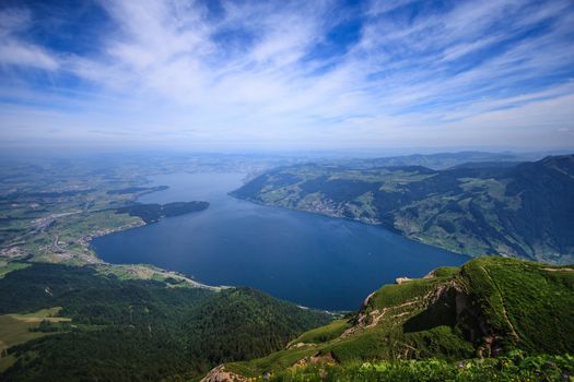 Panoramic Landscape View of Lake Lucerne and mountain ranges from Rigi Kulm viewpoint, Lucerne, Switzerland, Europe.