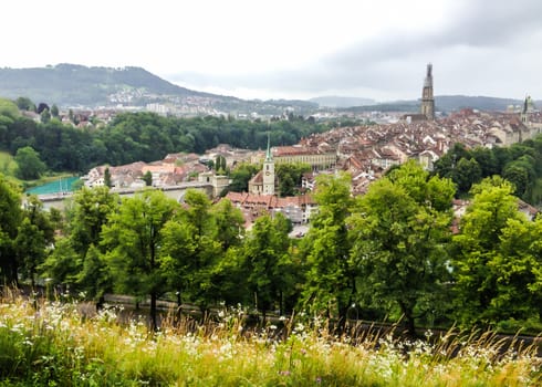 Panorama view of Berne old town from mountain top in rose garden, rosengarten, Berne Canton, Capital of Switzerland, Europe.