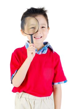 Asian Little Chinese Boy Holding Magnifying Glass isolated on White Background