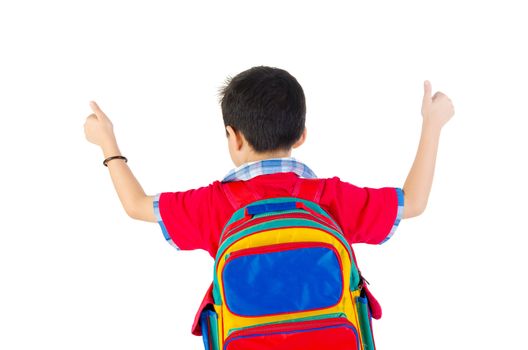 cute kid or boy leaving or going to school with small school bag, isolated over white background