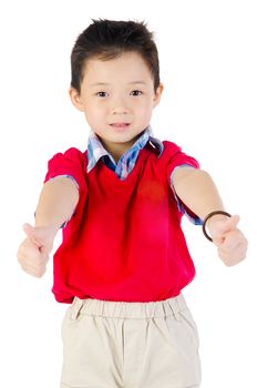 Lovely little boy  showing thumbs up on the camera shot 