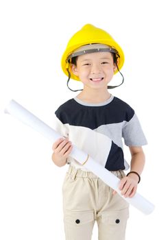 Little Engineer boy wearing the construction helmet, holding a construction drawing isolated over white background.