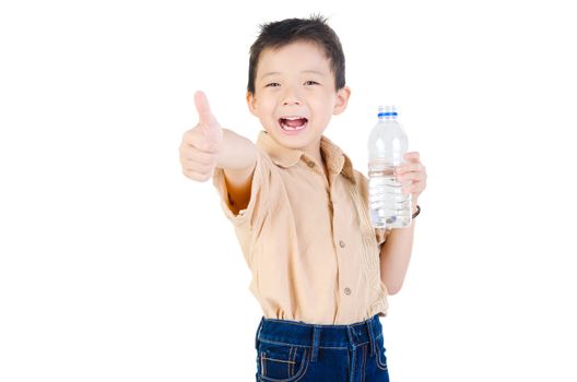 Young asian boy holding water bottle and showing thumb up