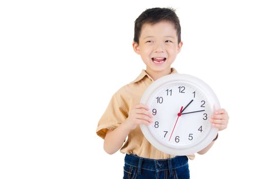 Asian boy showing and holding white clock in studio shot on white  background 