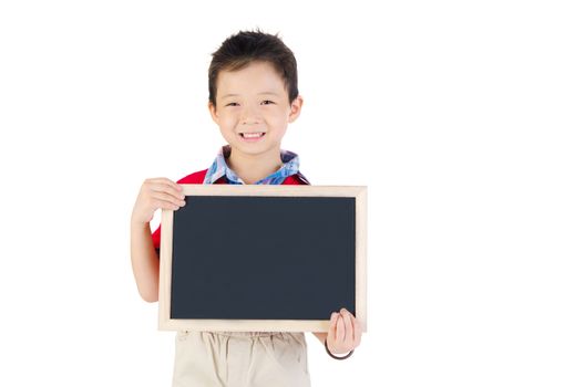 Asian little Chinese boyl holding a blackboard in isolated white background