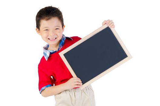 Asian little Chinese boyl holding a blackboard in isolated white background