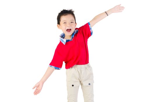 Cute Asian child showing winner sign on white background isolated