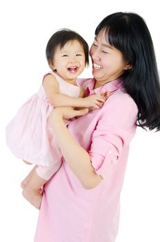 Asian mother and his cute little girl isolated on white background