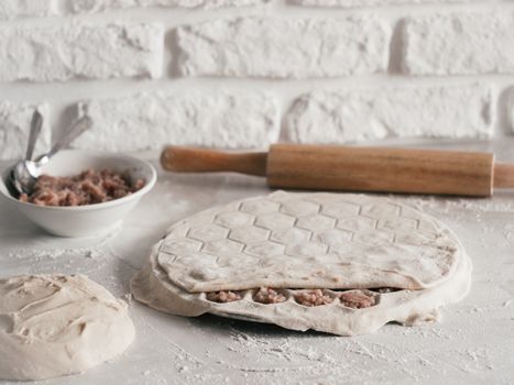 Process of making russian pelmeni, ravioli or dumplings with meat on white table. Homemade uncooked pelmeni and ingredients. Copy space