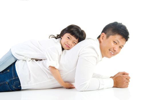 Asian father and his cute little girl isolated on white background