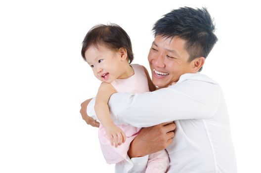 Asian father and his cute little girl isolated on white background