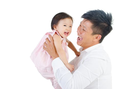 Asian father and his cute little girl isolated on white background