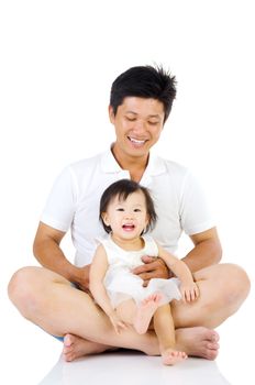 Asian father and his cute little girl isolated on white background