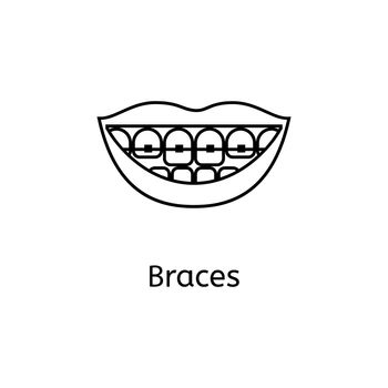 Smiling female lips with braces. line icon isolated on white background.