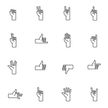  icons with a variety of hand gestures. Hand gestures and language thin line icon set.