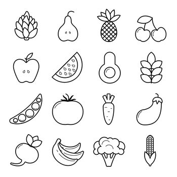 Vegan icon set. Outline vegetables and fruits isolated on white background.