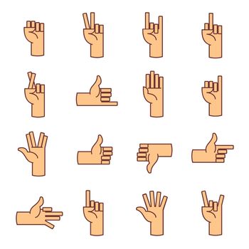  icons with a variety of hand gestures. Hand gestures and language icon set.