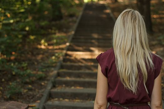 Rear view of young woman going up the stairs in the park