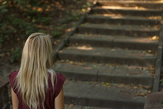 Rear view of young woman going up the stairs in the park