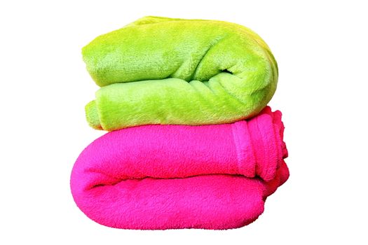stack of colorful blankets, pink and green, isolated over white, objects for your design