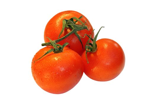 three fresh tomatoes  isolated on white background