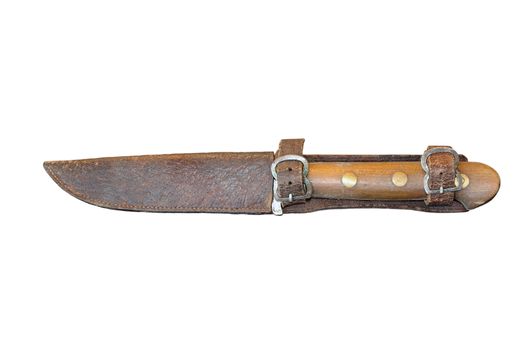 vintage knife in leather scabbard isolated over white background