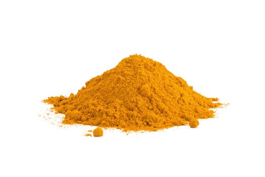 Turmeric Curcuma powder isolated on white background. Curry powder