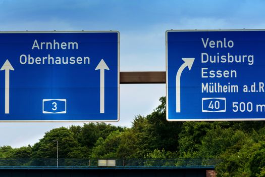 Highway sign, directional sign on the motorway A 3, direction Venlo, Duisburg, Essen, Muelheim an der Ruhr, Oberhausen, Arnhem and Highway crossing Kaiserberg.