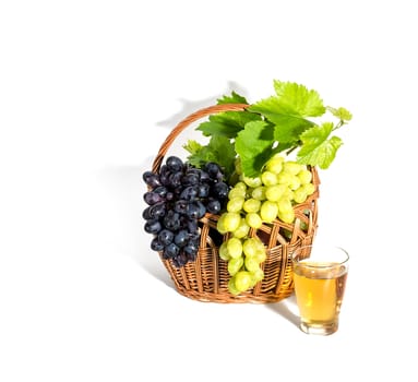 Grape with leaves and grape juice isolated on white. With clipping path. Full depth of field.